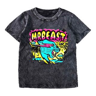 (ฟรีชื่อ) เสื้อยืดลําลอง แขนสั้น พิมพ์ลาย WASHED With YOUTUBER MOTIF "MR BEAST" สําหรับเด็ก 24s