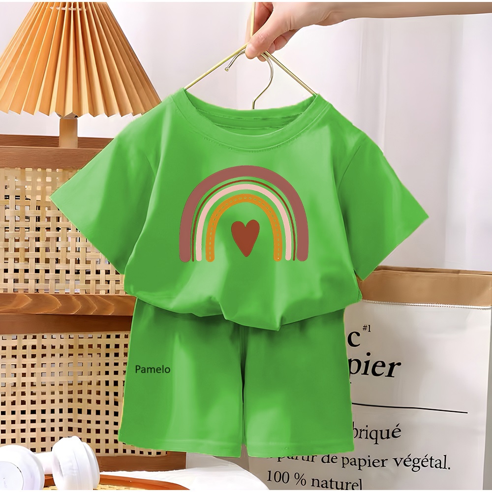 Pamelo.id ชุดเด็กขนาด 4-10 TH Rainbow 3/4 เสื้อยืดสําหรับเด็กชายและเด็กหญิงกางเกงขาสั้นทุกวันเสื้อผ้