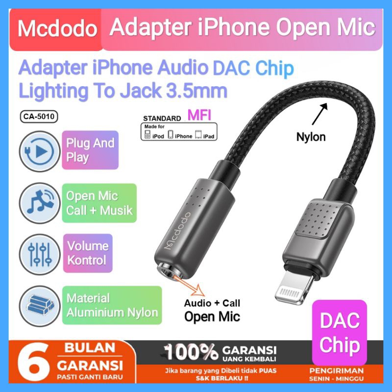 Mcdodo Adapter Converter Splitter Lighting iPhone To Jack 3.5mm Open Mic DAC Chip