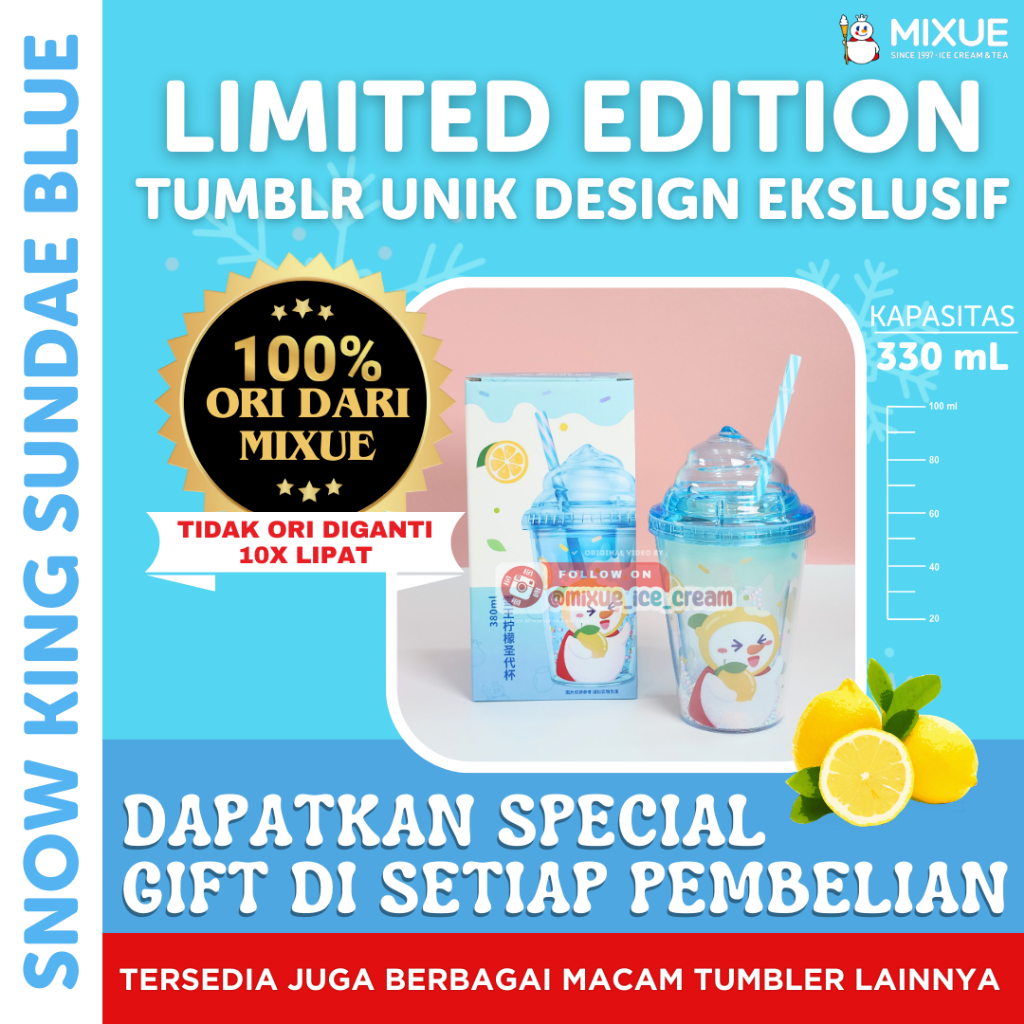 Popping Boba Nata Jelly - Snow King Sundae Cup Blue 380 ML | แก้วน้ําขวด Mixue ของแท้ 100%