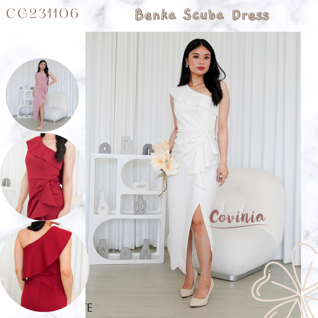 Benka Scuba Dress เปิดไหล่แขนกุดไม่สมมาตร - CG231106