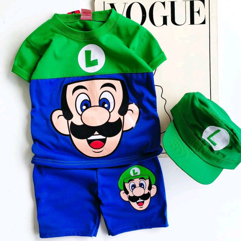 LUIGI BOYS CLOTHES MARIO BROSS BROTHERHOOD ชุดพร้อมหมวกสําหรับ AGES 1-10 ปี