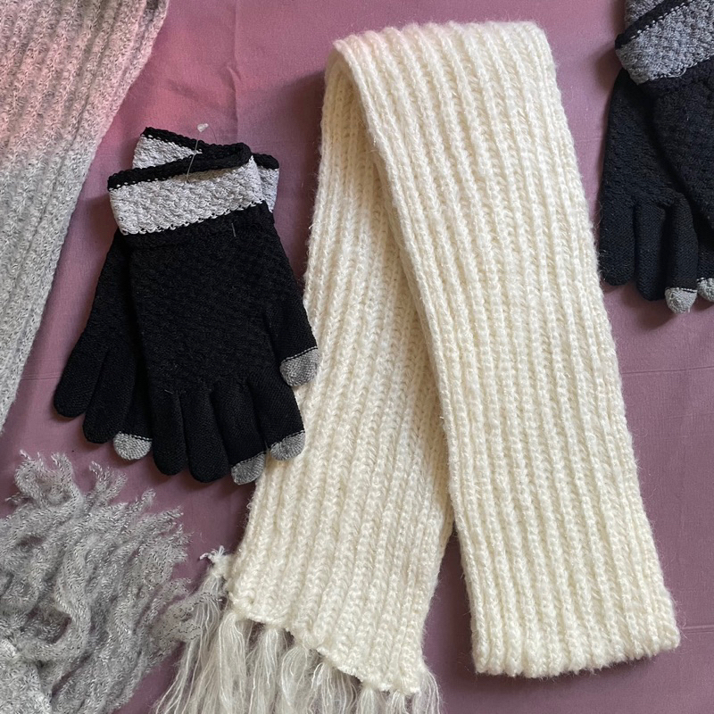 Save PACKAGE 1 ชุด SCARF + Mittens HEAT TECH ถุงมือ Bundle Premium Tebel Handmade ถักผู้ใหญ่พิเศษ Ov