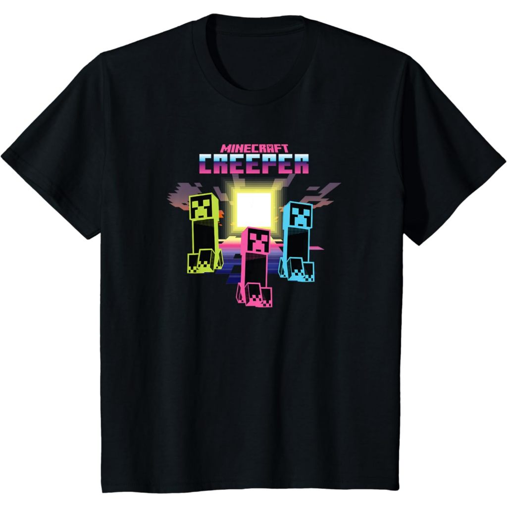เสื้อยืด พิมพ์ลายโปสเตอร์ Minecraft Creeper Bright Neon สําหรับเด็ก