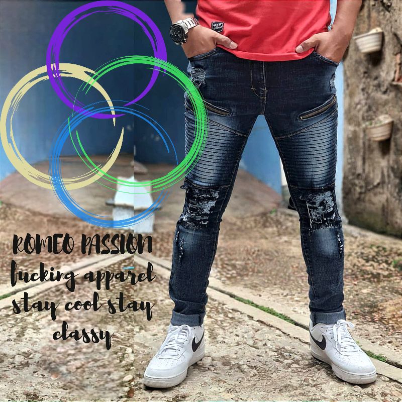 กางเกงยีนส์ผู้ชาย Ripped Denim Stretch Zipper Biker