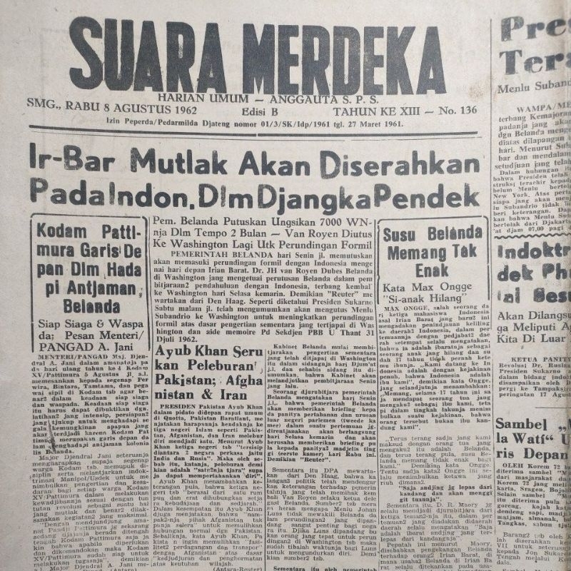 หนังสือพิมพ์ประวัติศาสตร์อินโดนีเซีย หนังสือพิมพ์เสียงอิสระ 1962 สามารถเลือกรุ่นหนังสือพิมพ์เก่า หัวเรื่องตะวันตกได้