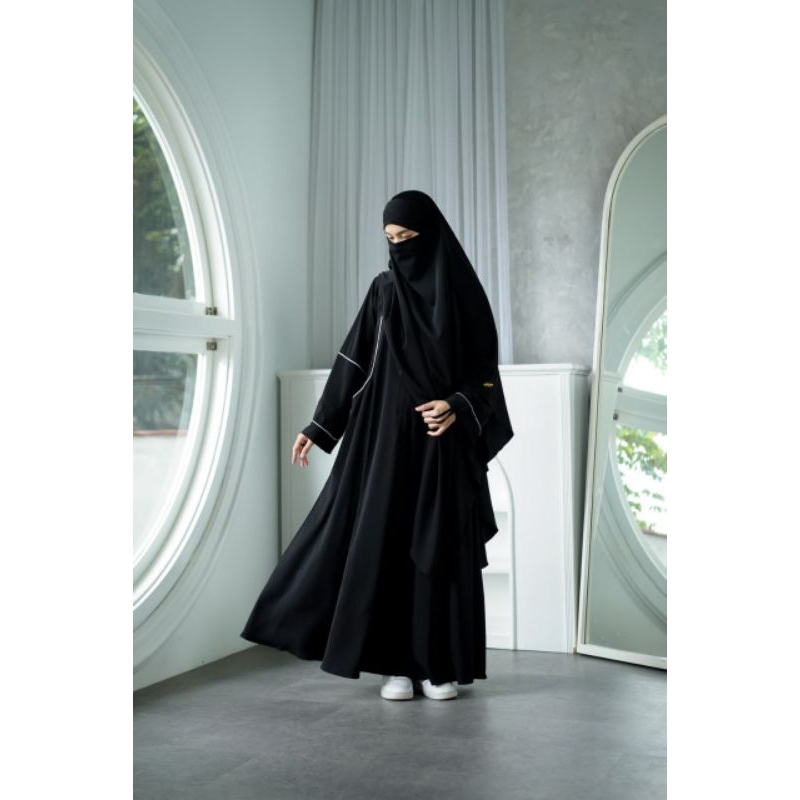 Hitam Hiva Set Khimar โดยชาวมุสลิม ผู้หญิง| เสื้อคลุม สีดํา | Hajj Umrah Black Abaya | Abaya ของแท้ คุณภาพดี สีดํา| Abaya สีดํา พรีเมี่ยม
