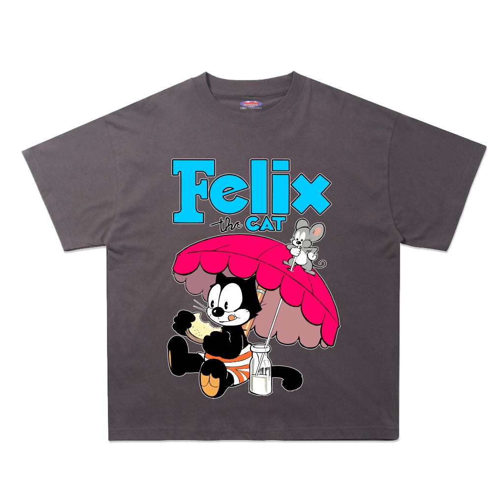 Felix And The Cat เสื้อยืดลายการ์ตูนขนาดใหญ่สีดําสีขาวสีเทาเข้ม