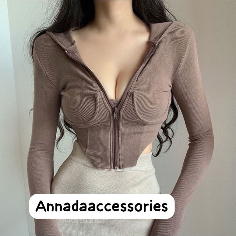 C249 เสื้อครอปลําลองผู้หญิง Zit Up Hoodie ชุดผู้หญิง Hooded แขนยาว Original Import