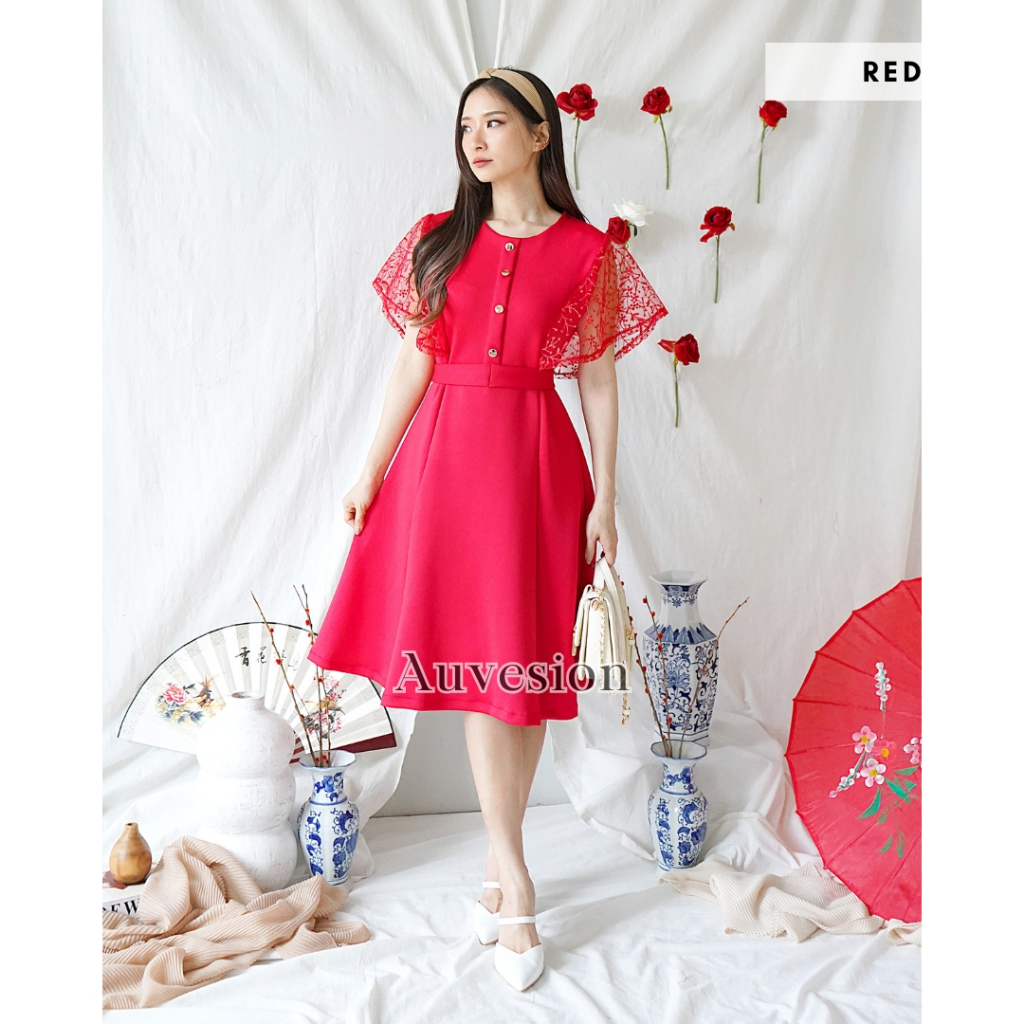 6102 Cayla ปุ่มลูกไม้ Scuba Midi Dress Cheongsam Dress Party Christmas Dress