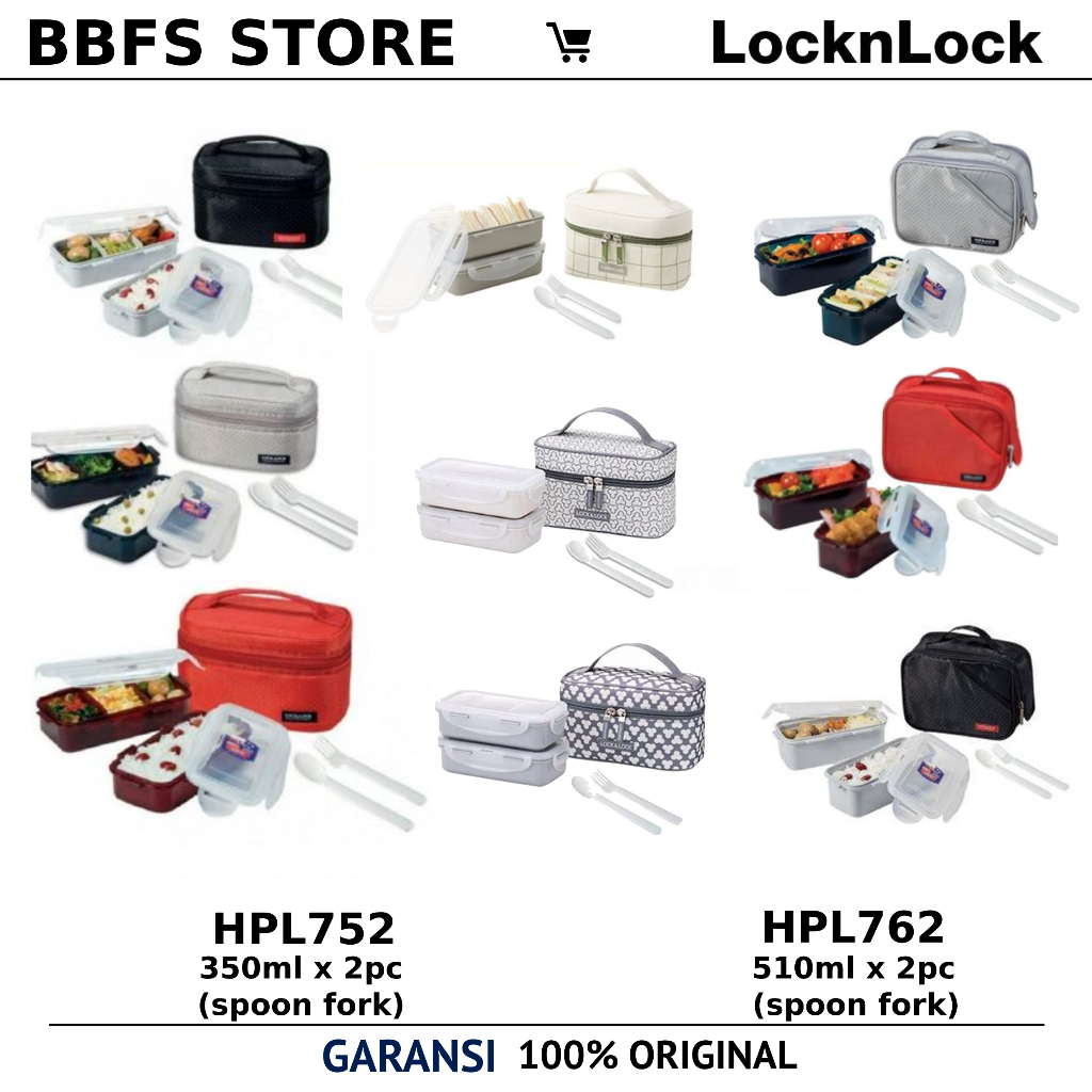 Lock n Lock กล่องข้าว 2 ชิ้น พร้อมกระเป๋า & ชุดช้อนส้อม กล่องอาหารกลางวันความงาม LocknLock HPL752 HP