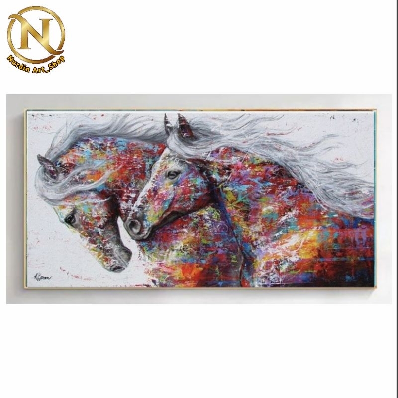 Hiasan DINDING ภาพวาด Absatrak ม้าคู่ตกแต่งผนังห้องนั่งเล่น สํานักงาน โรงแรม 80x150 บวกกรอบ