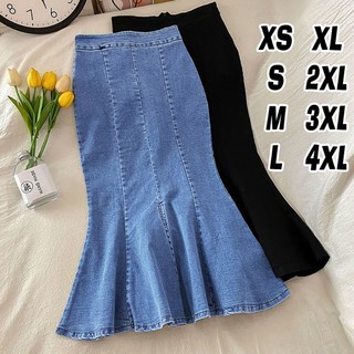 |kekinian.factory| (Ready stok!!!) COD+Jumbo bigsize——6XL rok jeans duyung wanita korean style panjang slit rok duyung hitam belah samping fashion kekinian  Maxi Jeans Mermaid Midi Skirt Stretchy