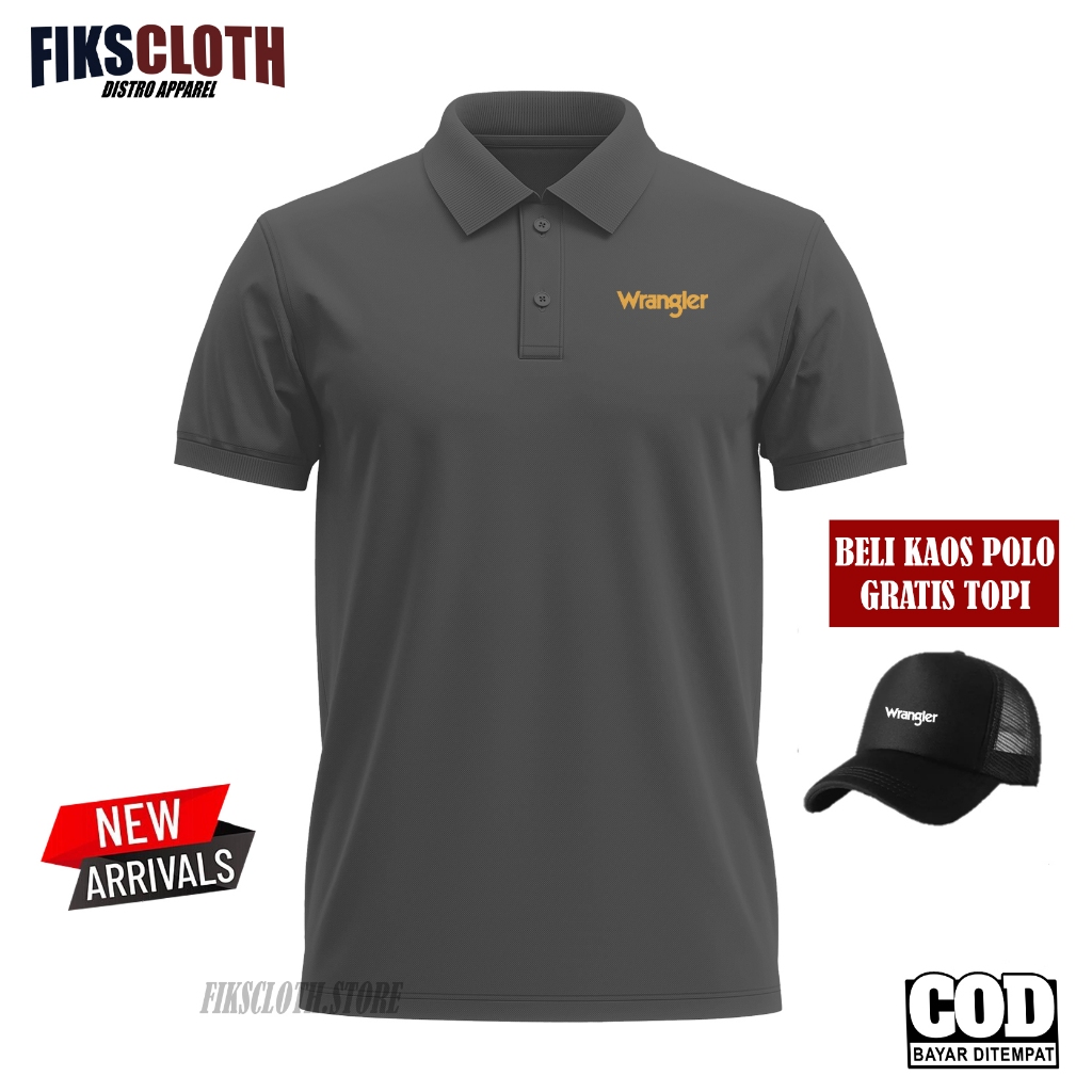 ใหม ่ หมวกโบนัส (Earloop Polo Shirt Distro Short Sleeve/Polo Shirt Distro Logo Wrangler text gold/Premium Quality Men And Women T-Shirts