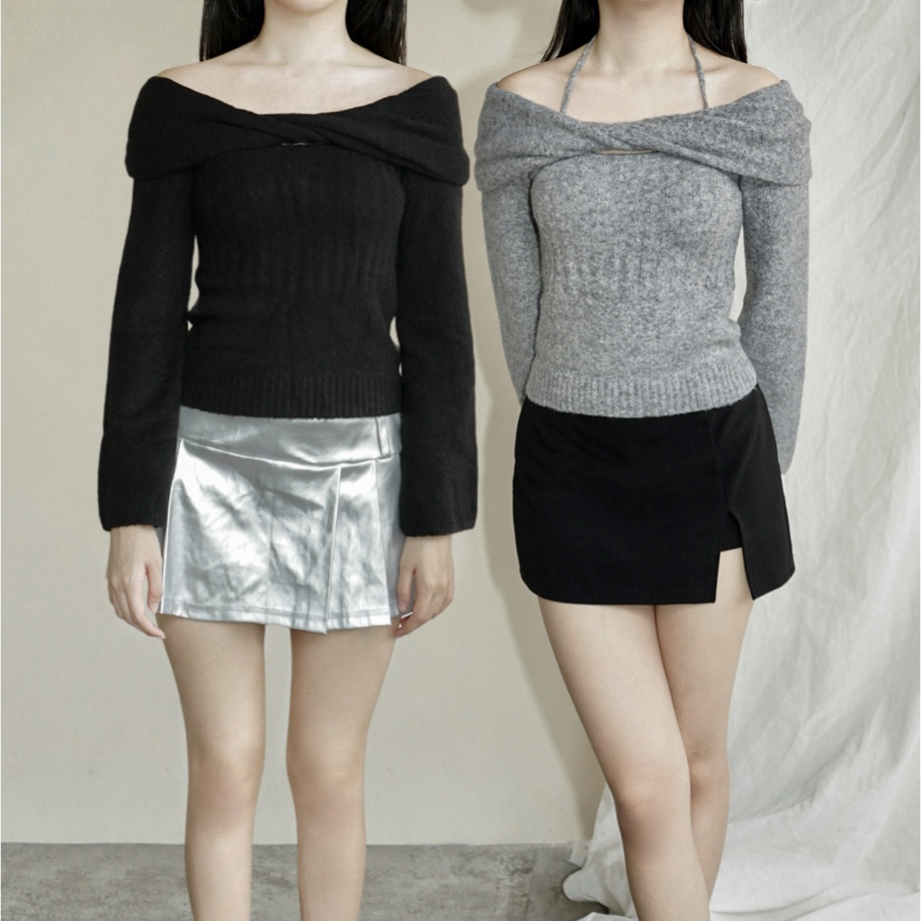 GLENDA เสื้อถักเสื้อแขนยาวเปิดไหล่ | โดย คิรุ