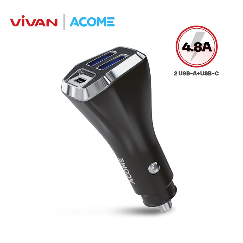 Vivan X ACOME ที่ชาร์จในรถยนต์ ACC07 พอร์ตคู่ USB-A USB-C 4.8A QC3.0 ปลั๊กรถยนต์ รองรับอุปกรณ์ชาร์จเร็ว สีดํา ของแท้ - รับประกัน 1 ปี