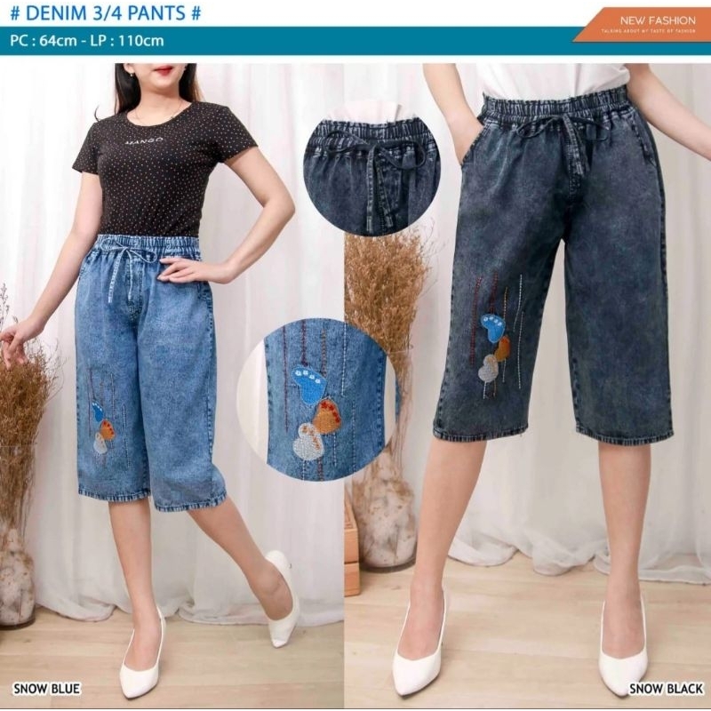 7/8กางเกงยีนส์กางเกงยีนส์หิมะปักPalette motifจัมโบ้เอวยางยืดสูงสุดLP 110cm pj64 มีกระเป๋า