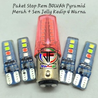 Paket Lampu Stop Rem Pyramid Bolvan Warna MERAH LED & Lampu Sein Sen Depan Belakang Jelly RGBW 4 Warna Running Flash DC 12 Volt Universal