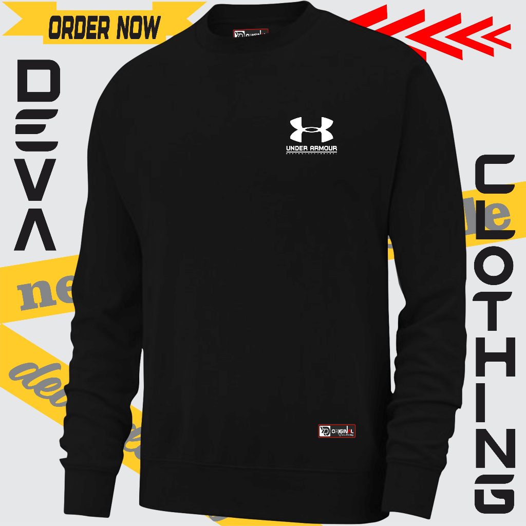 UNDER ARMOR UNDER ARMOUR Hitam Under Motif ARMOUR โลโก้เสื้อกันหนาวผู้ชาย Distro ญี่ปุ่นสีดํา Crewne