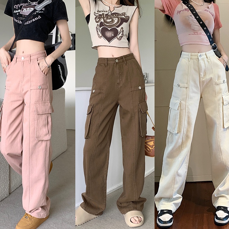 Wow yiyoyi กางเกงยีนส์ผู้หญิง กางเกงยีนส์เอวสูง Straight Pant เสื้อผ้าผู้หญิงร่วมสมัย Cargo