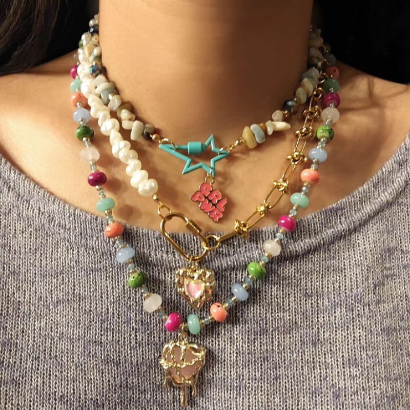 โซ่มุกลูกปัดสร้อยคอ Charm จี้ Amazonite Star Carabiner GRL PWR Pearl Ingots สแตนเลส Hypoallergenic C