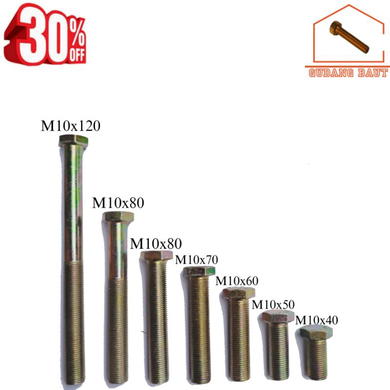 กลอนเหลือง+น็อต (BMK) M10x15 - M10x150 กุญแจ 14