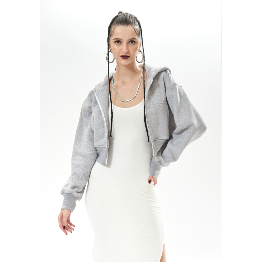 OCWA FREJA MISTY GREY CROP ZIPPER HOODIE