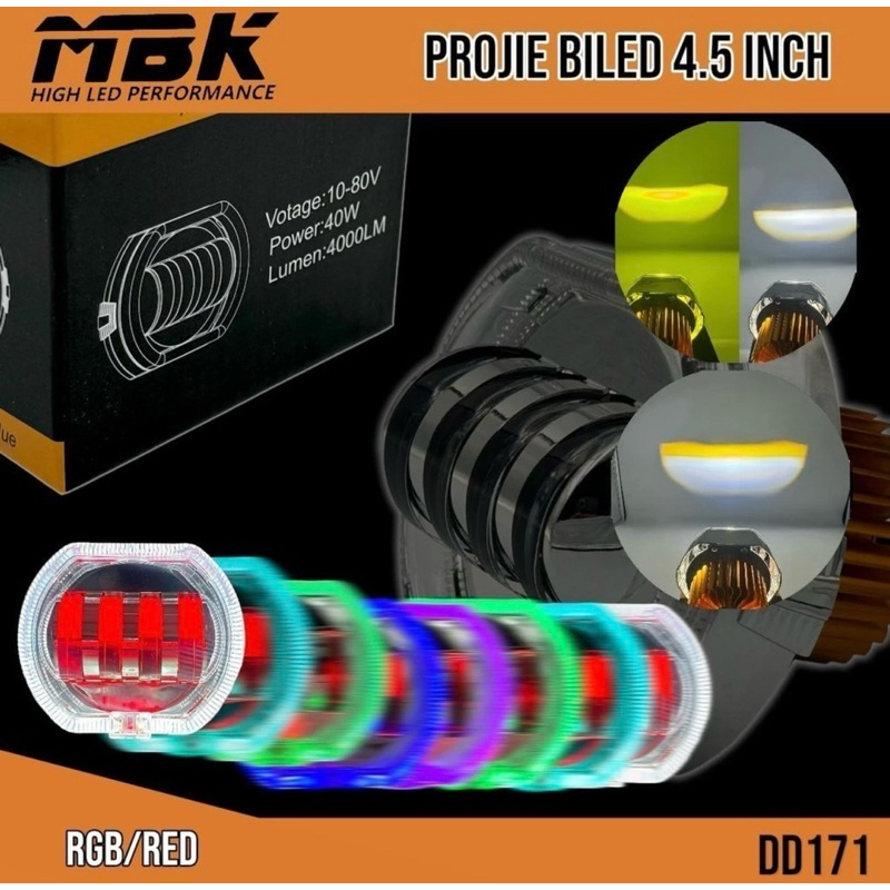 BILED PROJECTOR โคมไฟ 4 เลนส์ 4.5 นิ้ว Angel RGB Hi Lo สีขาวเหลือง