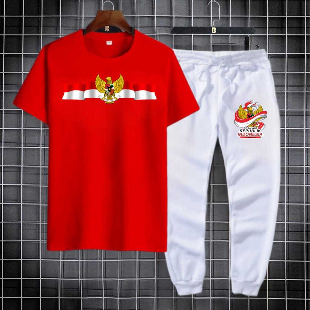 MERAH ADULT SUIT AUGUST 17 79 สีแดงสีขาว ASGARD777 SHORT SLEEVE JOGGER PANTS