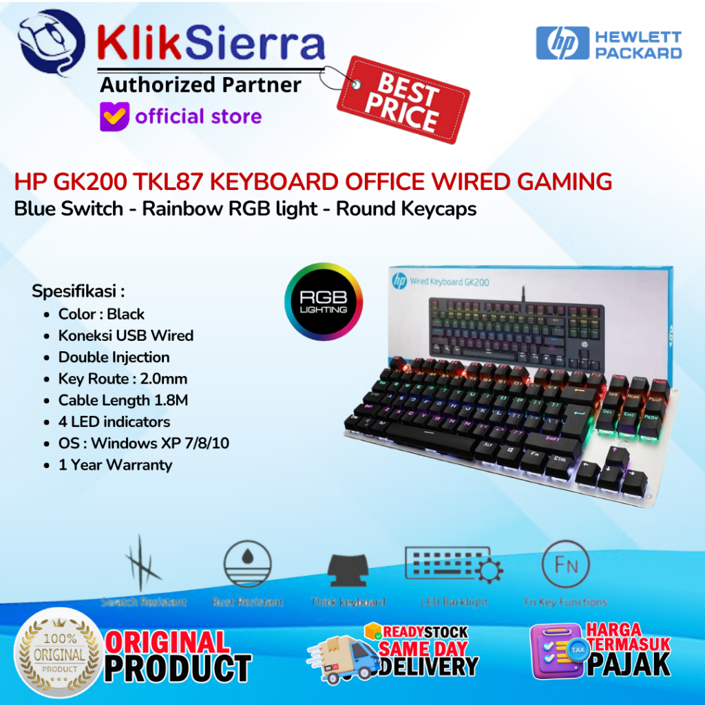 HP GK200 TKL87 Mechanical Gaming Keyboard Blue Switch, ไฟ RGB สายรุ้ง