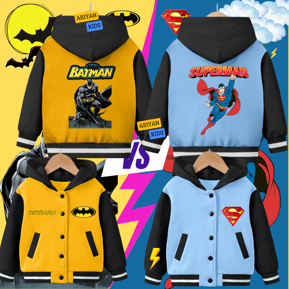 NEWEST VARSITY HOODIE & LOTTO BATMAN X SUPERMAN JACKET สําหรับ BOYS/BOYS และสําหรับ 2-12 ปี