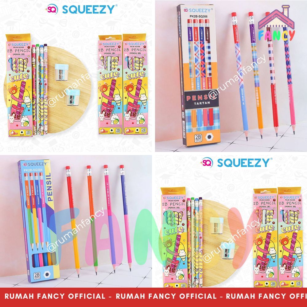 [1 DOZEN/12PCS] 2B SQUEEZY ดินสอไม้ SQ308 / SQ304 / SQ306 ภาพน่ารักระดับพรีเมียมต่างๆ
