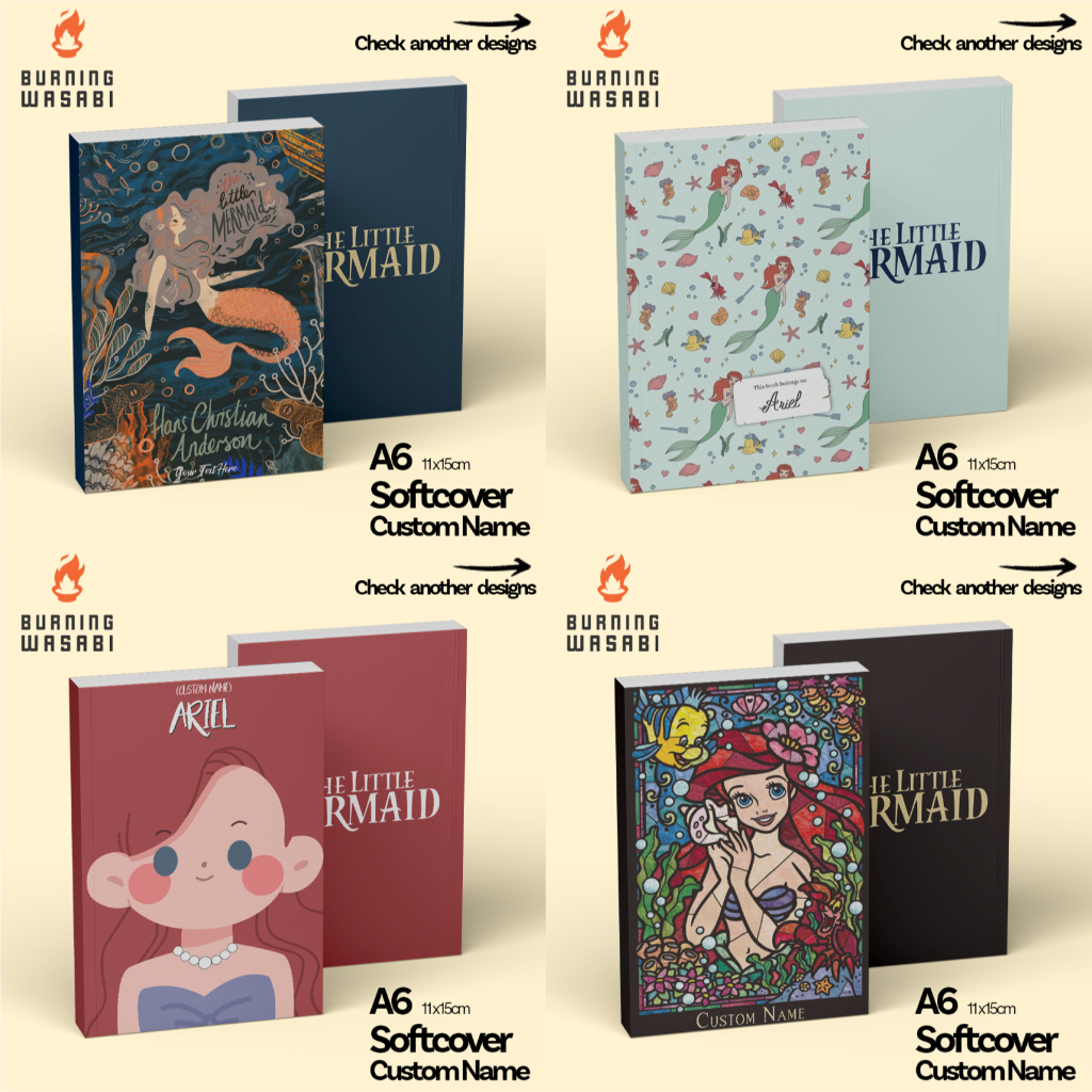 Disney Princess Ariel Little Mermaid Notebook Pocket Book Softcover Custom Name Journal A6 Plain