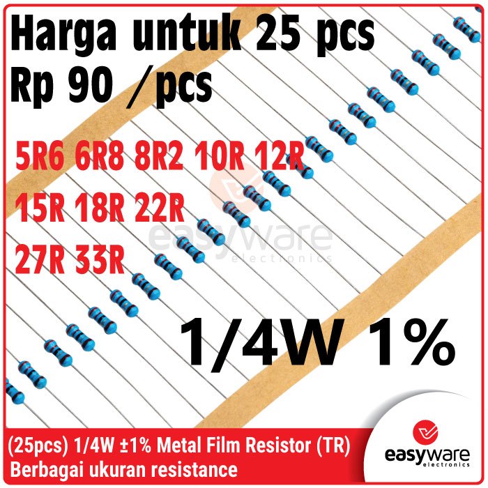 ตัวต้านทานฟิล์มโลหะ 25x 1/4W 1% 5R6 6R8 8R2 10R 12R 15R 18R 22R 27R 33R