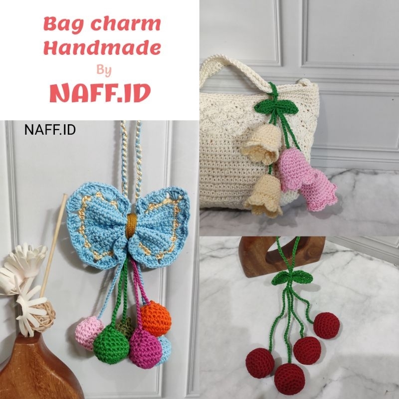 Gantungan Bag Charm พวงกุญแจแขวนถักริบบิ้นดอกไม้ผลไม้น่ารักแฮนด์เมด - "NAFF.ID"