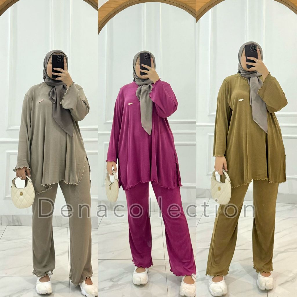 Denacollection Gloria Womens Rib knit Tunic Set with Cutbray Pants