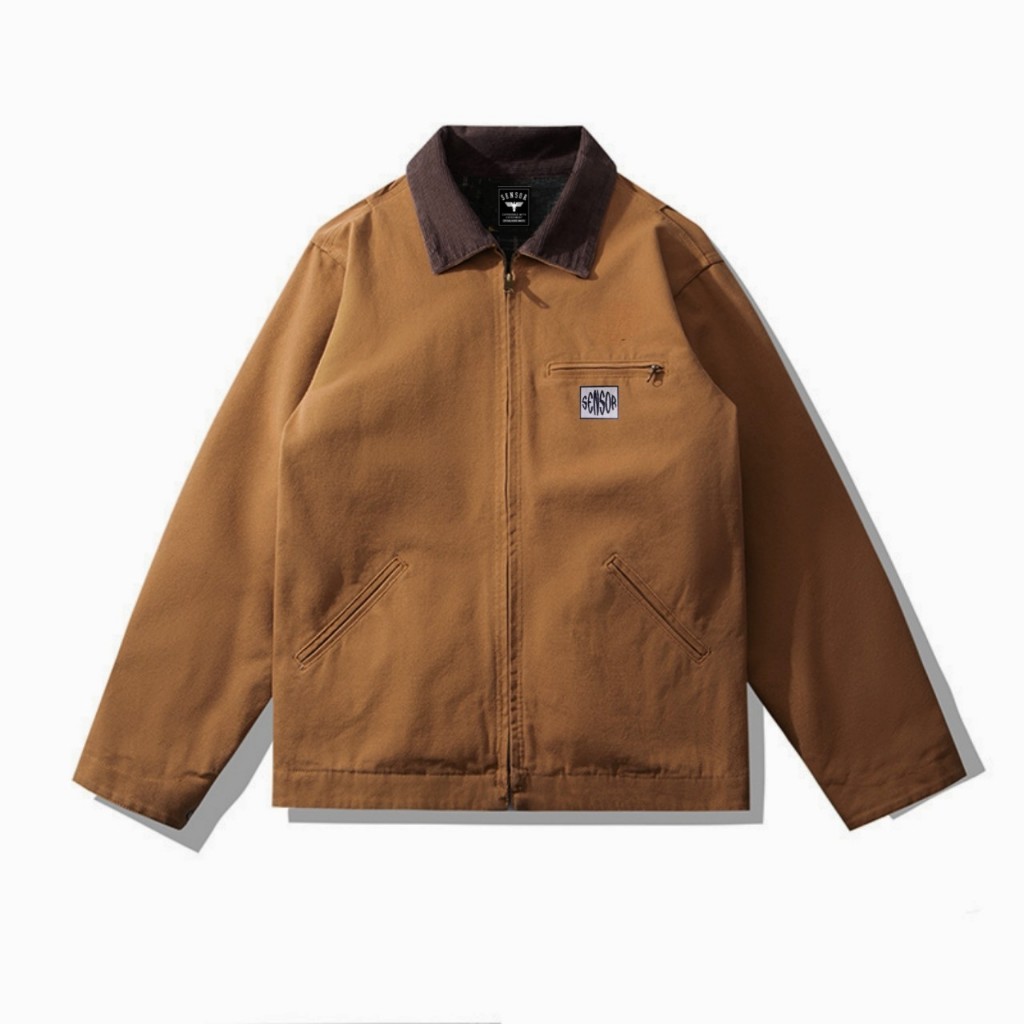 TANS -Work Mens Vintage Casual Premium Zipper Jacket ผ้าใบหนาวัสดุ Suede Collar