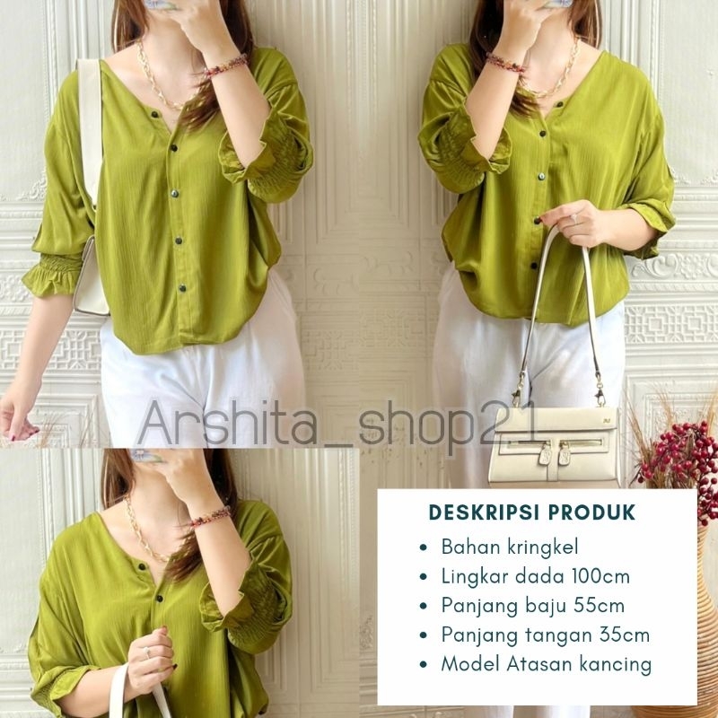 NAOMI BLOUSE || [B34153] TOP ผู้หญิงพร้อมปุ่ม, V-NECK BLOUSE, KRINGKEL MATERIAL, 7/8 RUBBER SLEEVE M