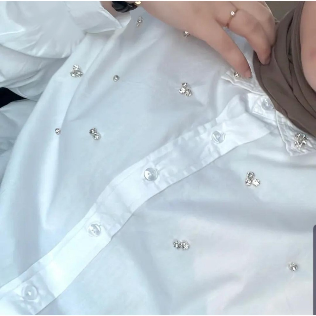 Kemeja Swarovski Jumbo Bling Blink เสื้อเลื่อม/เสื้อไข่มุกด้านบนของผู้หญิงร่วมสมัย