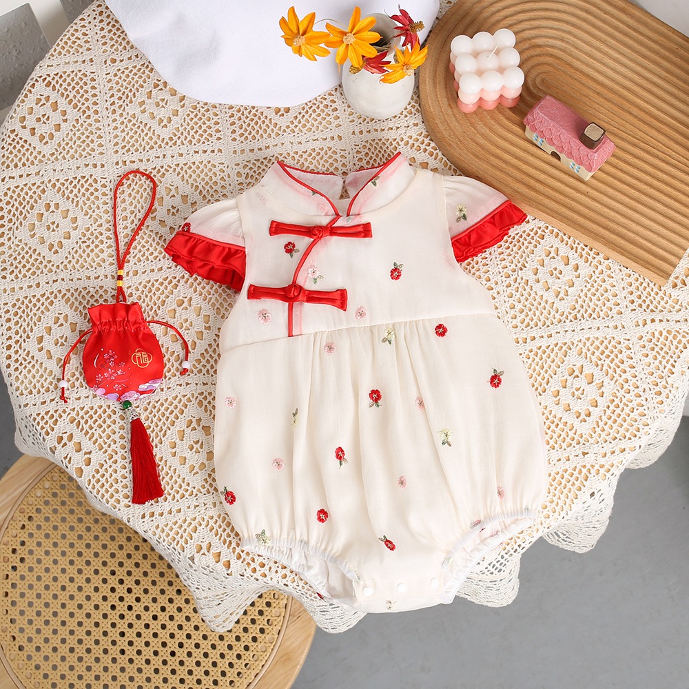 MERAH JC05 cheongsam Jumper / จั๊มสูทแขนสั้นสําหรับเด็กและทารกพร้อมโมติฟลายดอกไม้สีแดง