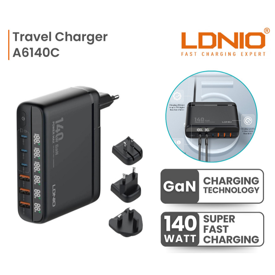 Travel Charger จอแสดงผล LED LDNIO A6140C ปลั๊กสากล EU/US/UK 6 พอร์ต 3 USB และ 3 ประเภท C 140W GaN Su