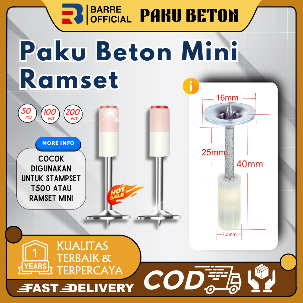 BARRE Mini Ramset เล็บคอนกรีต 7.3 มม.100 ชิ้น Mini Nail Fastening T-Rex Mini เล็บเส้นผ่านศูนย์กลาง 7