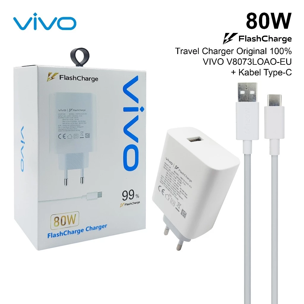 VIVO VOOC FAST CHARGING Charger Original Casan HP VIVO V8073LOAO-EU 80W + TYPE-C ORI 100 สาย