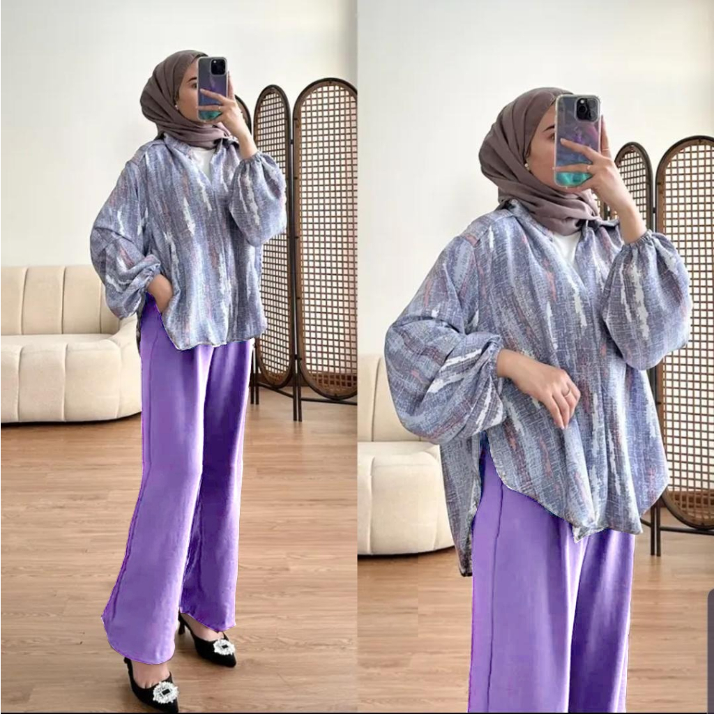 Bimbo One Set Motif Blouse Plus Pants Suit