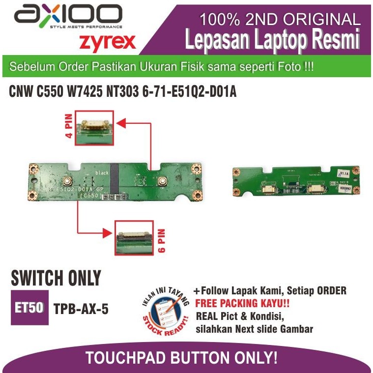 ET50 TPB-AX-5 ปุ่มทัชแพด CNW C550 W7425 NT303 6-71-E51Q2-D01A