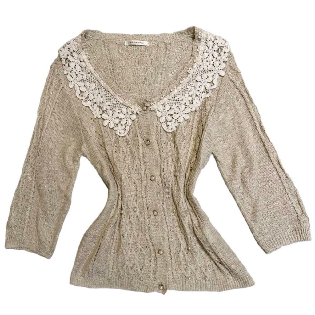 Axes Femme เสื้อคาร์ดิแกนถักคอปกลูกไม้กะลาสี | ปุ่มมุก สายครีมทอง สายสีน้ําตาล สีน้ําตาลอ่อน เสื้อญี