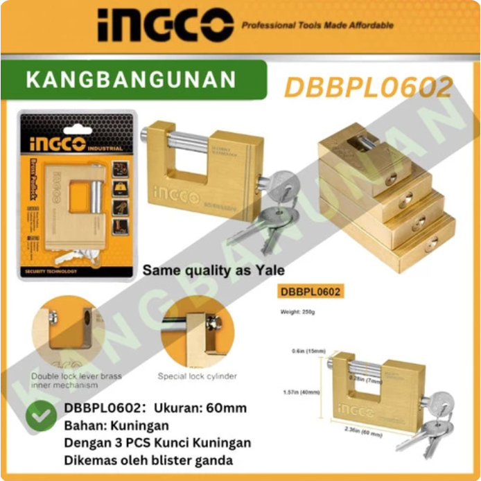 INGCO Yale คุณภาพ 60mm BRASS PADLOCK DBBPL0602