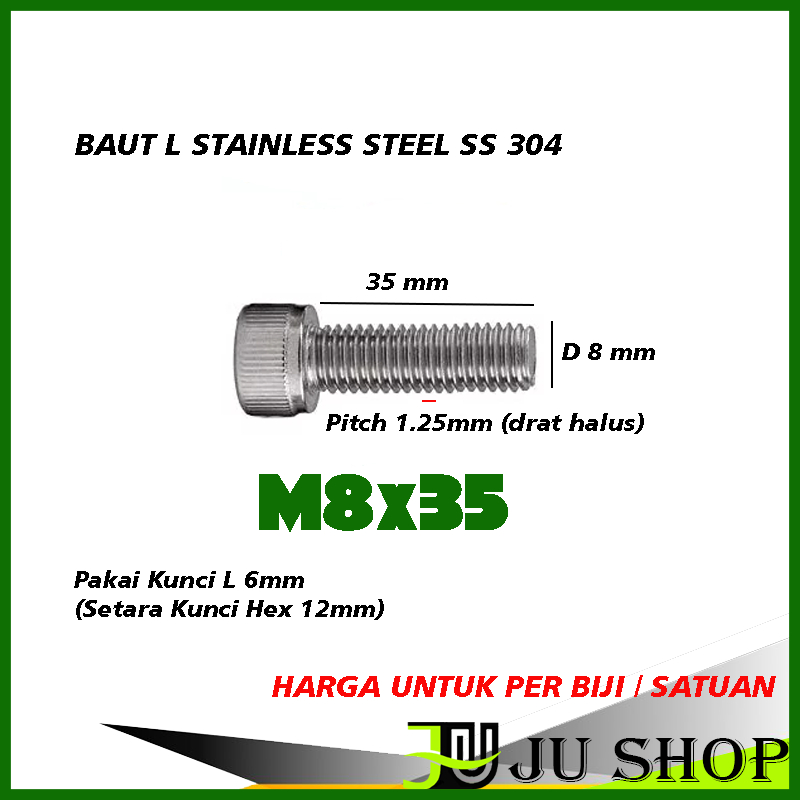 L bolt M8x35 (SMOOTH) (12MM KEY / 6MM L key) สแตนเลส M8 x 35 SS304 (PRICE PER SEED) ใหม่