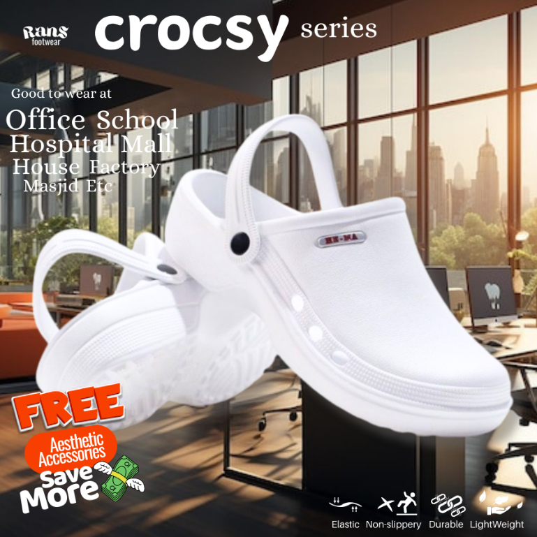Putih รองเท้าแตะ Crocsy สีขาว | Crocs โมเดลกบ โรงเรียนมัสยม สําหรับหมอ พยาบาล ออฟฟิศ | กันลื่น / สไลด์ / ไลซิน | รองเท้าแตะยางยืดหยุ่น แข็งแรง น้ําหนักเบา วัสดุไวรัส Eva เต็มแผ่น ประหยัดโบนัสฟรี อุปกรณ์เสริม