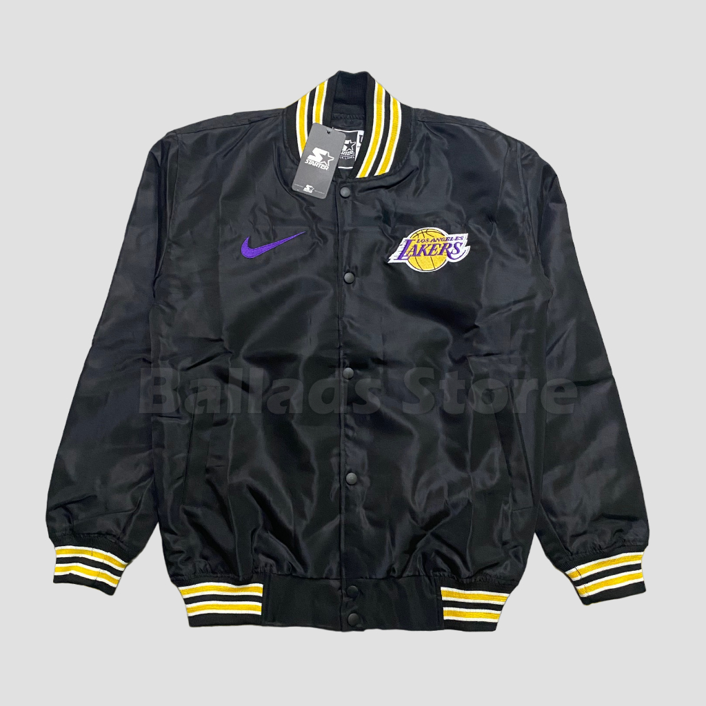เสื้อแจ็คเก็ต Lakers Basketball Varsity สีดําเต็มรูปแบบสุดเท่ล่าสุด Original